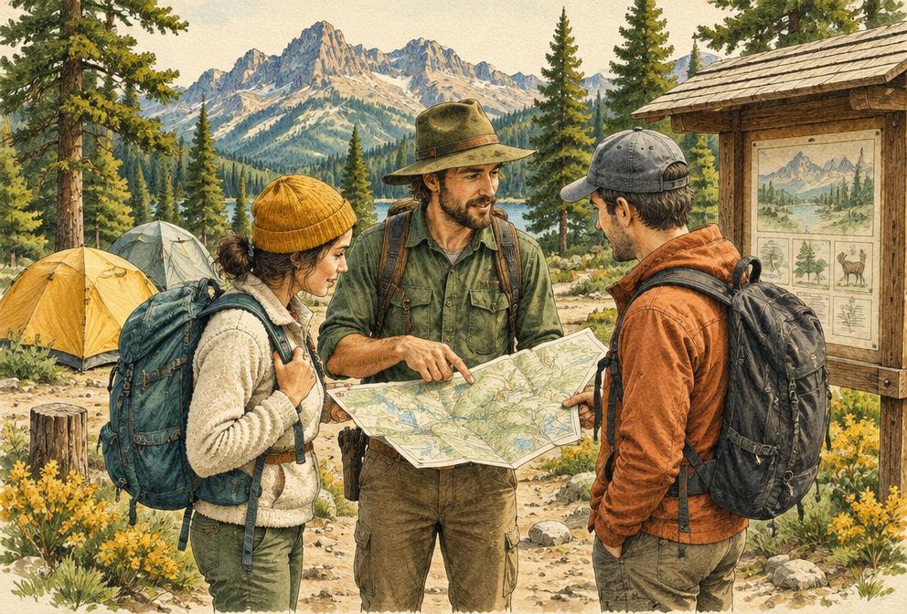 A camping host sharing a map with campers, illustrated