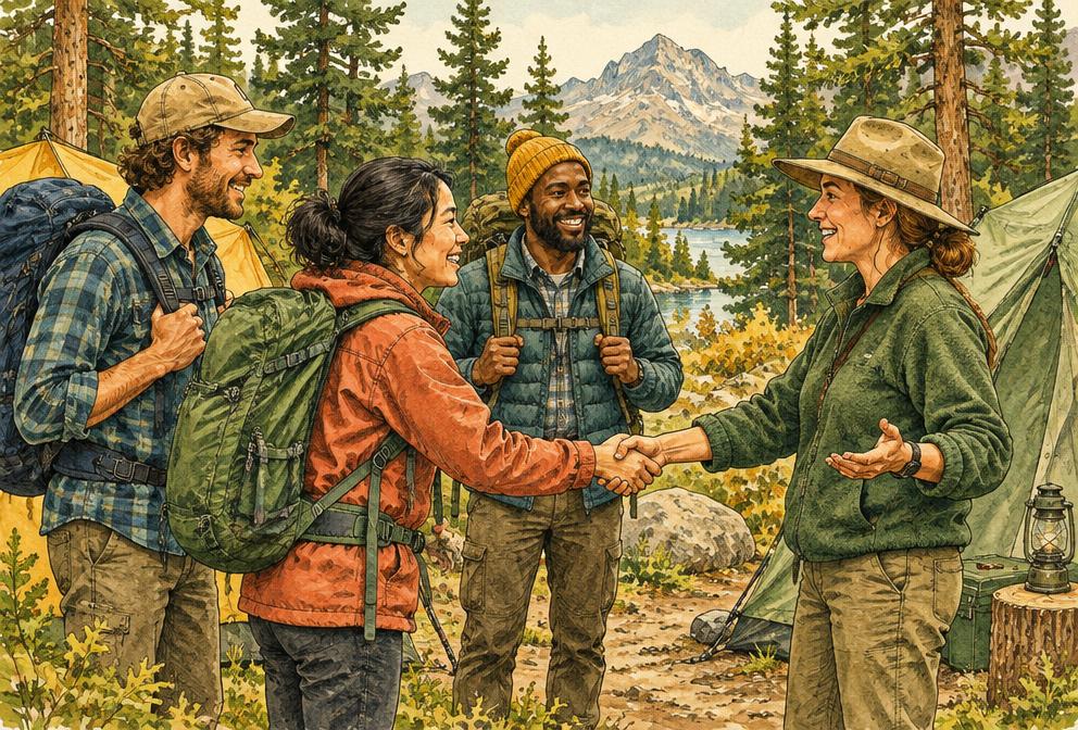 Campers greeting a host at a forest campsite, illustrated
